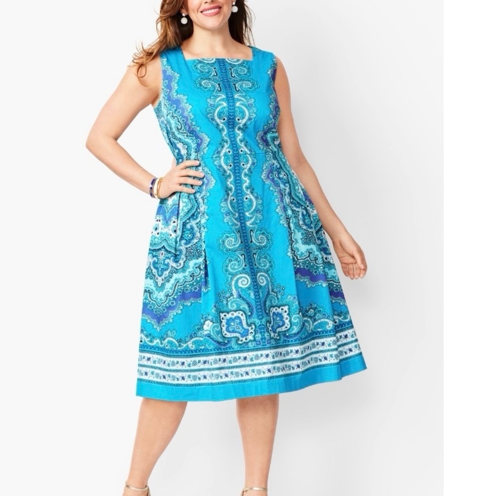 Talbots Teal Medallion Sateen Sleeveless Flare Dress Size 10 Pockets